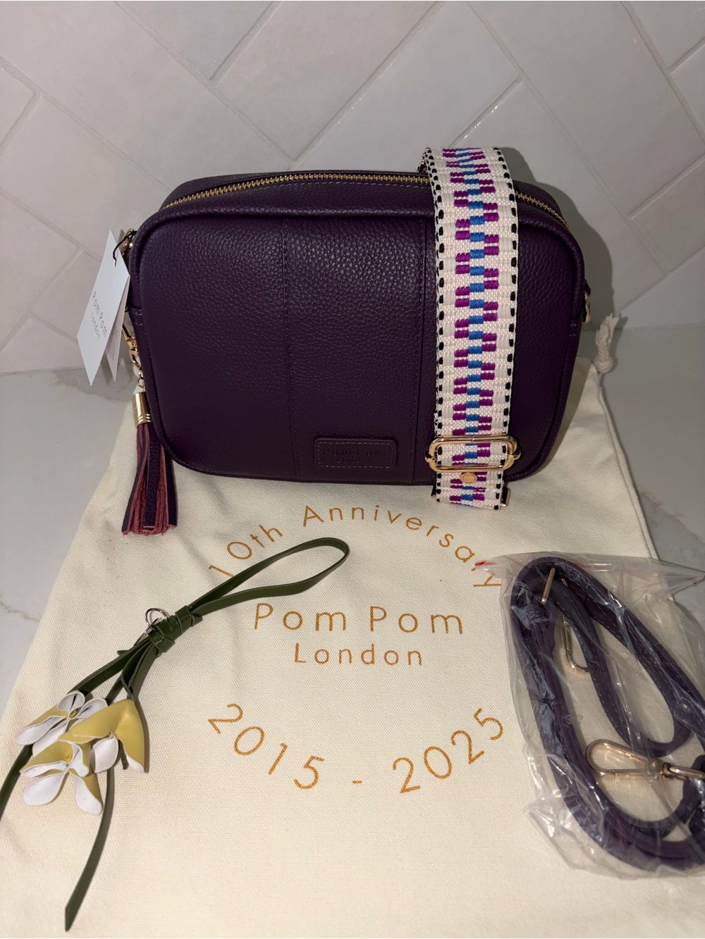Pom Pom London purple nightshade City Crossbody Bag purse strap bundle NWT
